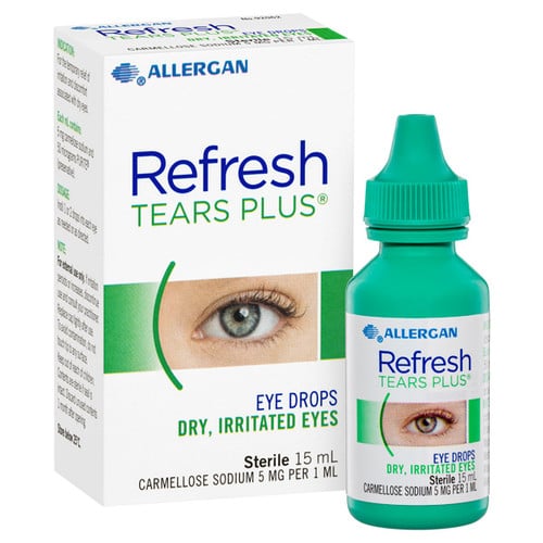 ALLE_9315195920622-0__35933 Allergan Refresh Tears Plus Eye Drops, 15mL bottle with packaging. Designed for dry, irritated eyes, containing carmellose sodium 5mg/mL. The box features an image of an eye and emphasizes sterile, soothing relief.