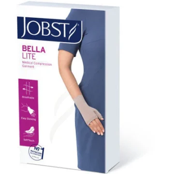 Jobst Bella Lite Gauntlet 20-30mmHg compression garment packaging. Designed for medical compression therapy of the hand and wrist. Features include breathability, soft touch fabric, and easy donning. Image shows a model wearing the gauntlet on the right hand.