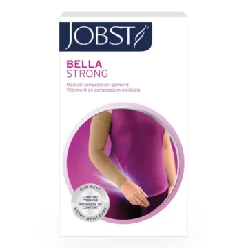 Jobst Bella Strong Arm Sleeve 20-30mmHg compression garment packaging. Designed for firm medical compression, the image shows a model wearing the sleeve on the arm. Promotes effective lymphatic and venous support with durable, therapeutic fabric.