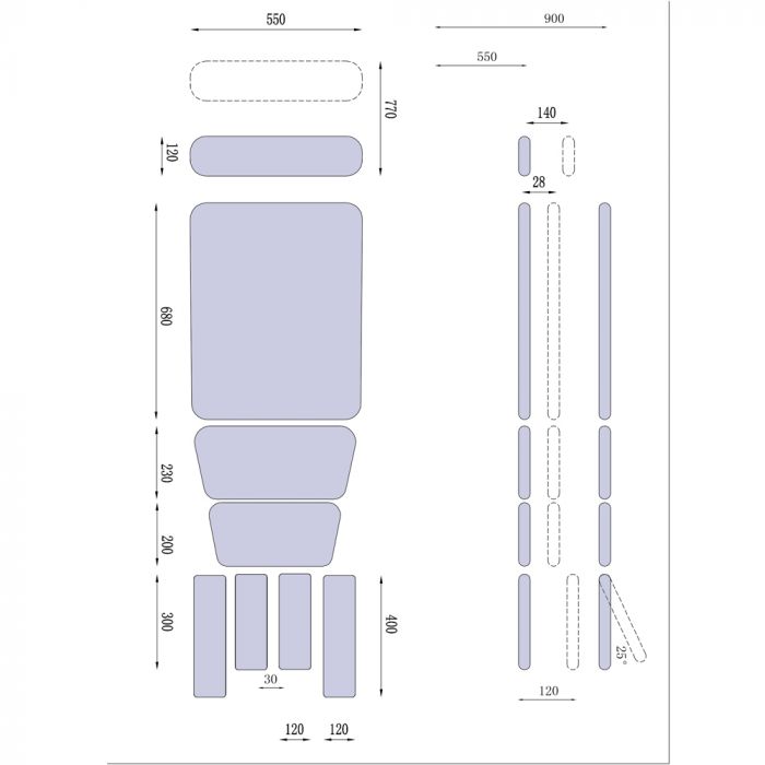 titan-chir03 Detailed illustration of medical seat with measurements to ensure correct size and positioning.