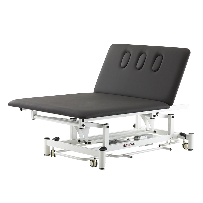 17067694259450 A medical table with a black seat and wheels