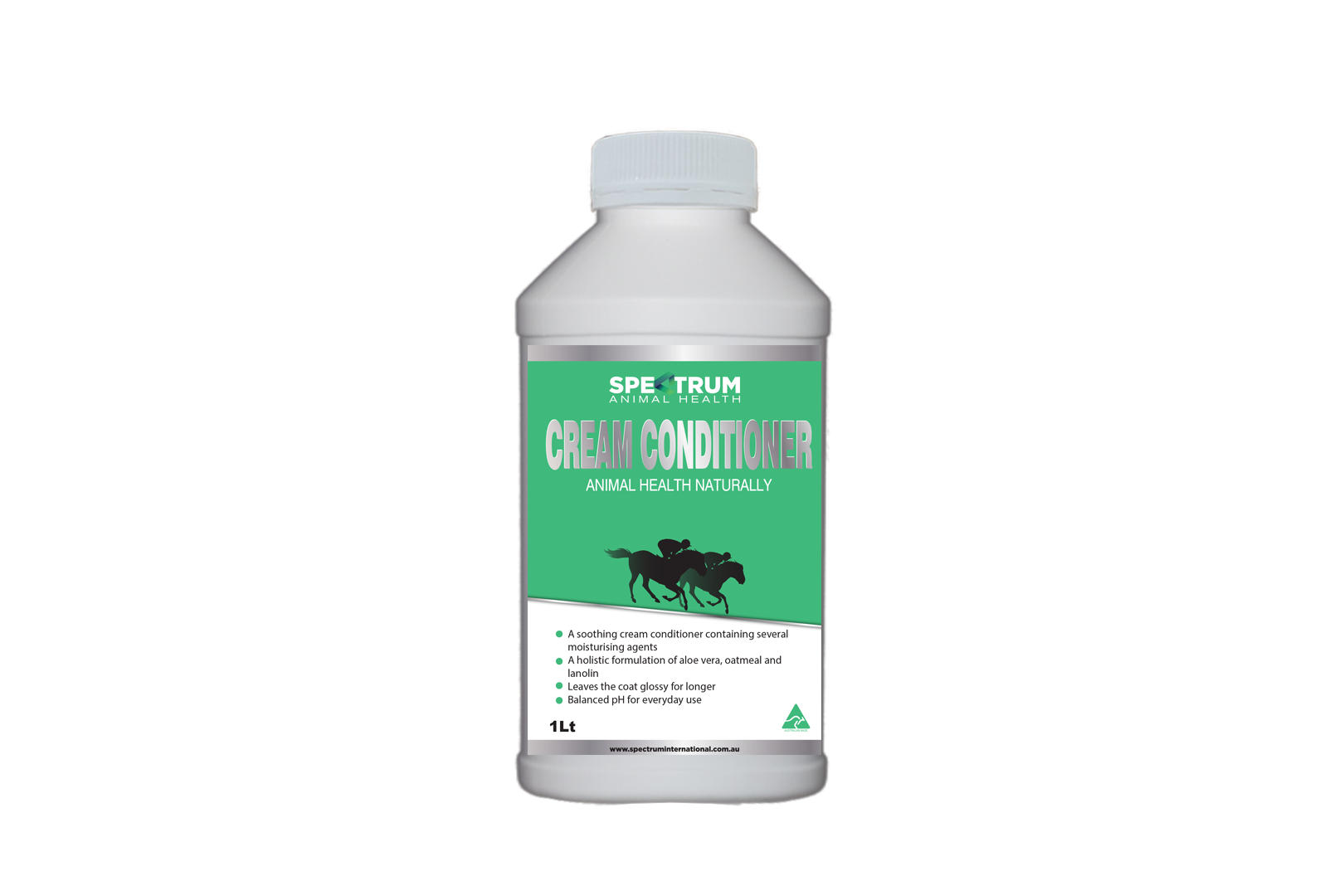 Spectrum-Cream-Conditioner-1L Spectrum Animal Health Cream Conditioner, 1L bottle. Designed for animal use, featuring a green label with text promoting natural health. Contains aloe vera, oatmeal, and lanolin to moisturize and leave the coat glossy, with a balanced pH for everyday use.