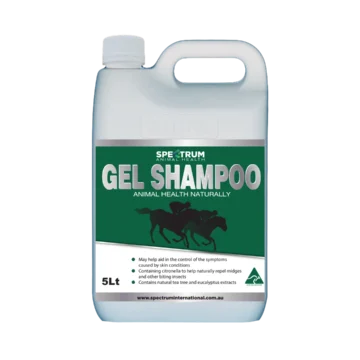 Spectrum Animal Health Gel Shampoo, 5L container. Designed for animal care with natural ingredients. Label highlights benefits such as aiding in skin condition relief, repelling midges with citronella, and containing tea tree and eucalyptus extracts.