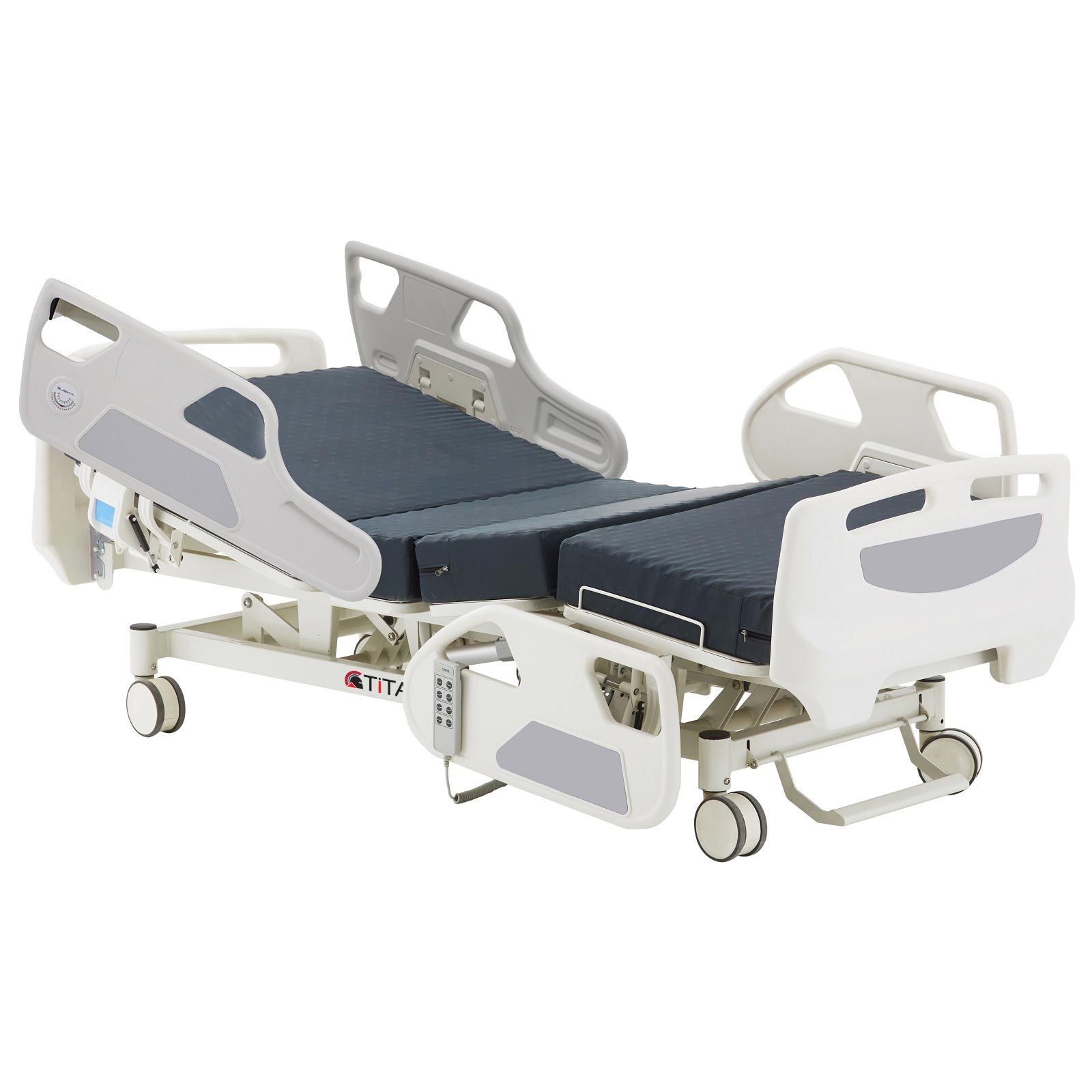 HB3-FLAT-1 Three functioned medical bed with blue sheet and wheels