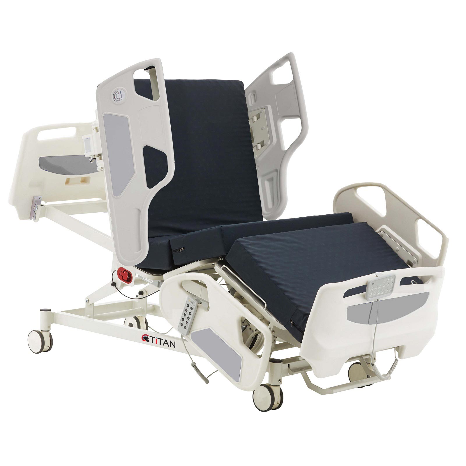 HB5-CONTOUR-2 Hospital bed featuring blue cover and white seat