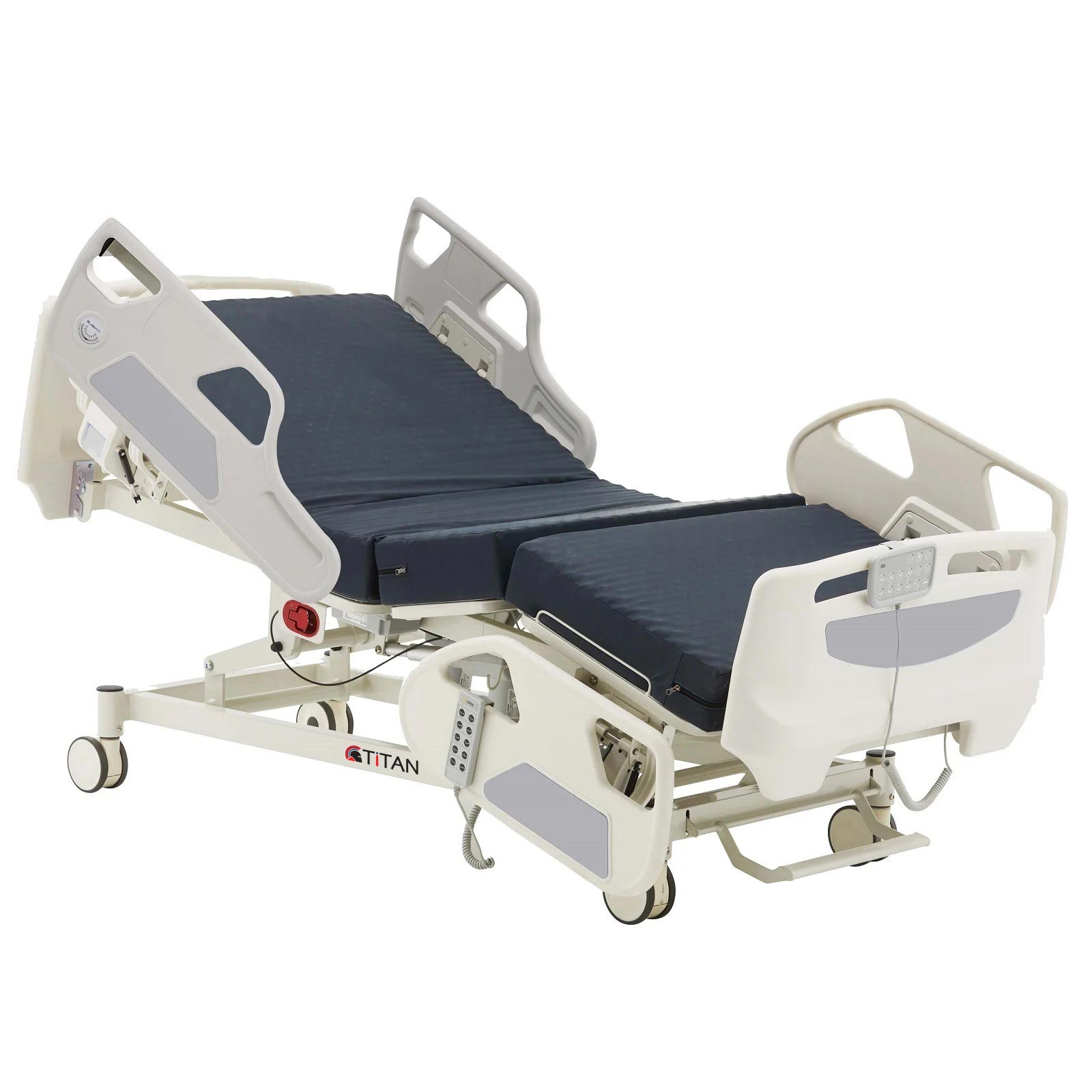 HB5-CONTOUR Bed with blue cover and wheels for hospital use