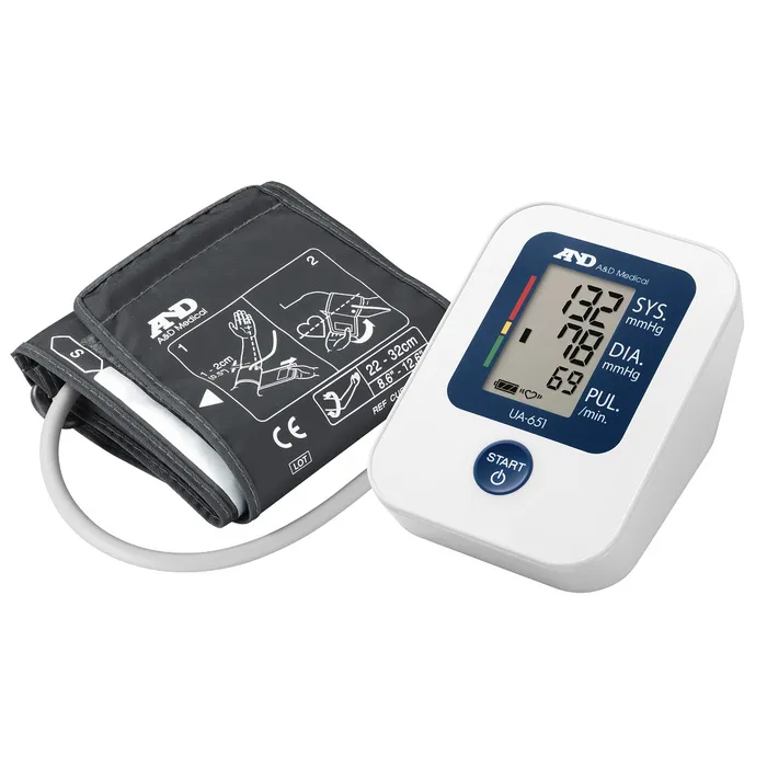 A&D Medical Blood Pressure Monitor A&D Medical UA-651 Automatic Blood Pressure Monitor with cuff. Features a digital display showing systolic, diastolic, and pulse readings, with a single-button operation for ease of use. The cuff includes illustrated instructions and fits arm sizes 22–32 cm.