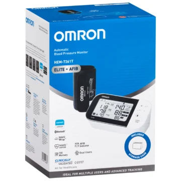 Omron HEM-7361T Automatic Blood Pressure Monitor retail packaging. Features include Bluetooth connectivity, IntelliWrap cuff, AFIB indicator, dual user support, and 100-memory storage. The box highlights it is clinically validated and includes a storage case.