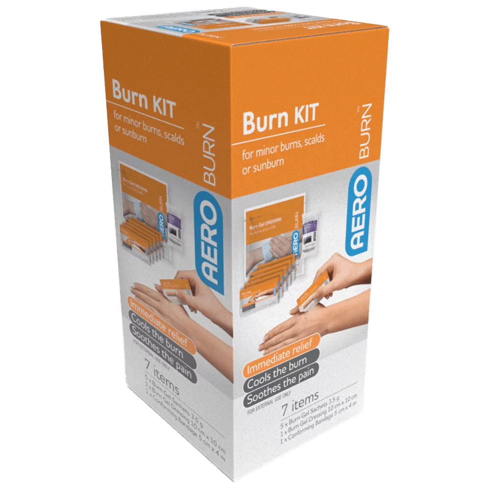 Aero Burn 7 pieces Burn Kit AeroBurn Burn Kit packaging box for minor burns, scalds, or sunburn. The box highlights key features like "Immediate relief," "Cools the burn," and "Soothes the pain." Includes 7 items such as burn gel sachets, a burn gel dressing, and a conforming bandage. Designed for external use.