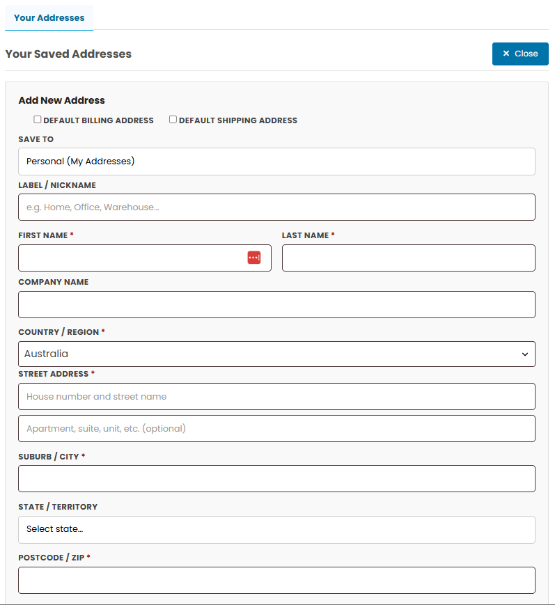 Add new Address - WooCommerce Organisations Saved Address Selector