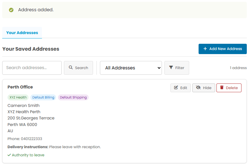 Saved Addresses Overview - WooCommerce Organisations Saved Address Selector